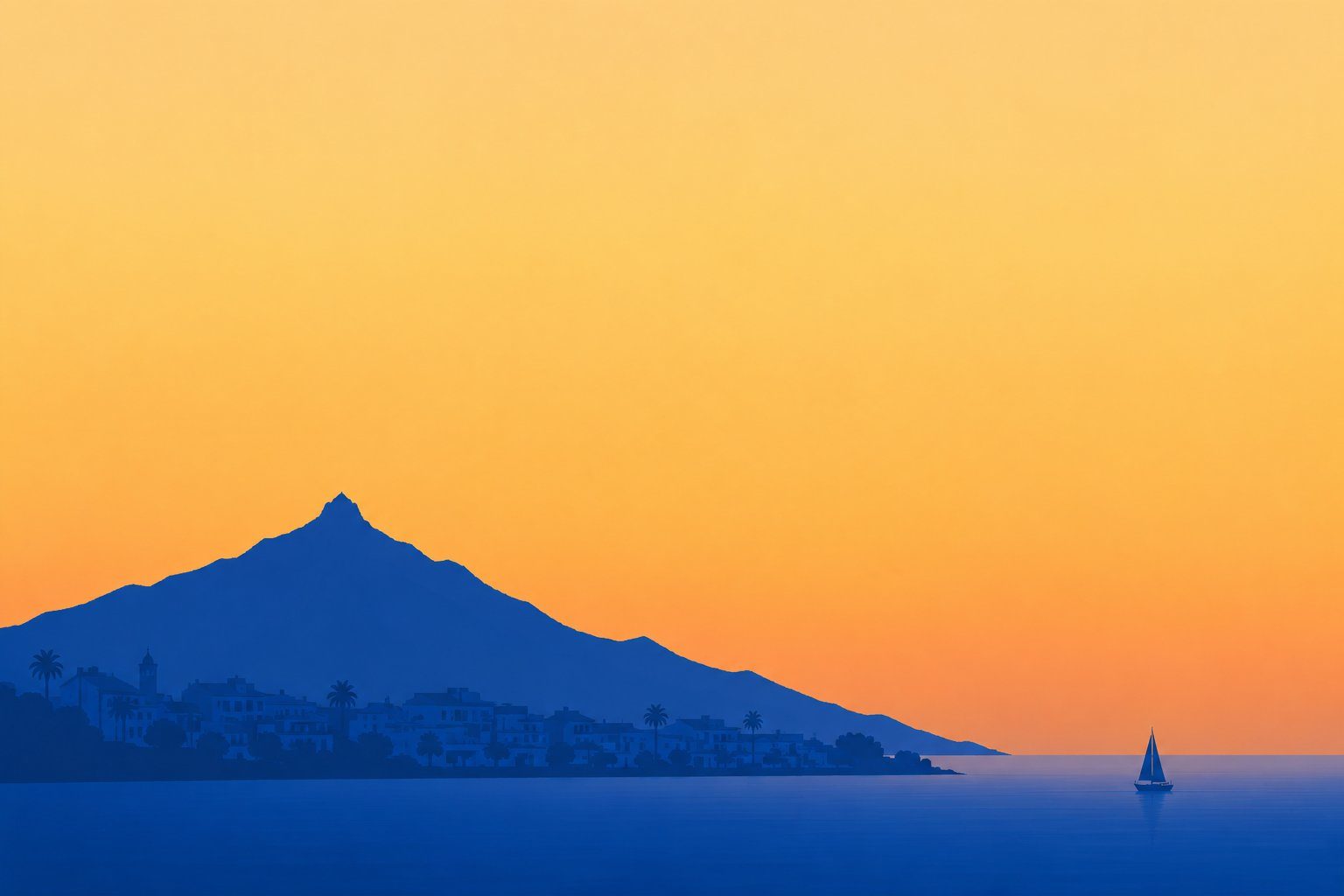 Golden-hour view of a Costa del Sol seafront, with a historic stone watchtower above whitewashed houses, a sandy beach and mountains behind